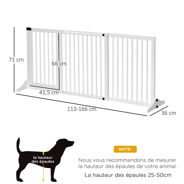 PAWHUT - Barrière de sécurité chien barrière autoportante longueur réglable porte verrouillable intégrée dim. 113-166L x 36l x 71H cm sapin blanc - large