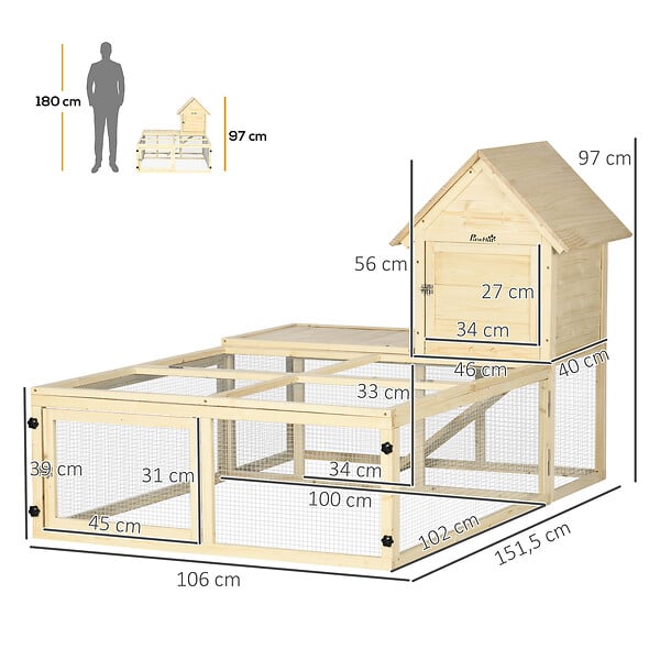 PAWHUT - Clapier enclos cage à lapin 2 niveaux dim. 151L x 106l x 97H cm - aire de jeu, rampe, portes verouillables - bois sapin - large