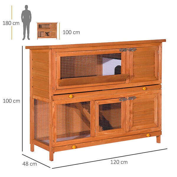 PAWHUT - Cage a lapin poulailler clapier en bois de pin de grande taille avec 2 etages 120x48x100 cm - large