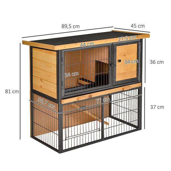 PAWHUT - Clapier à lapin cage à lapin 2 niveaux 3 portes verrouillables rampe toit ouvrant bitûmé métal époxy pin pré-huilé - large