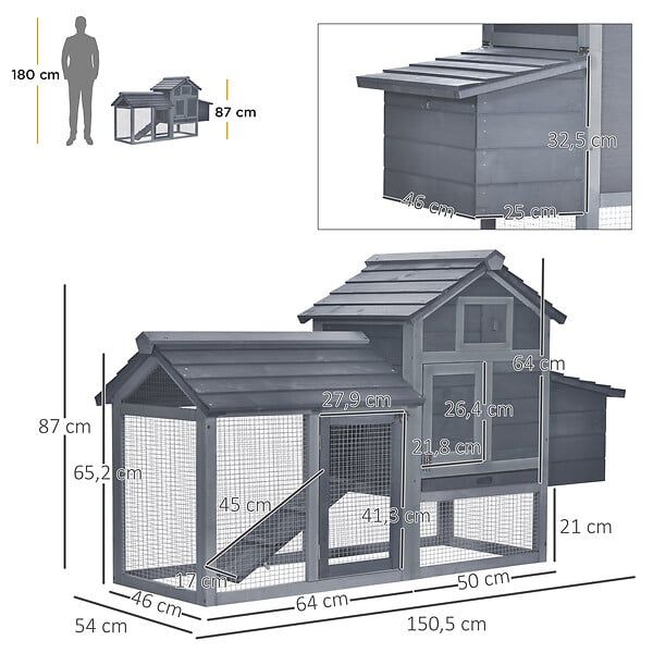 PAWHUT - Poulailler cottage cage à poules sur pied dim. 151L x 54l x 87H cm multi-équipement bois pin gris - large