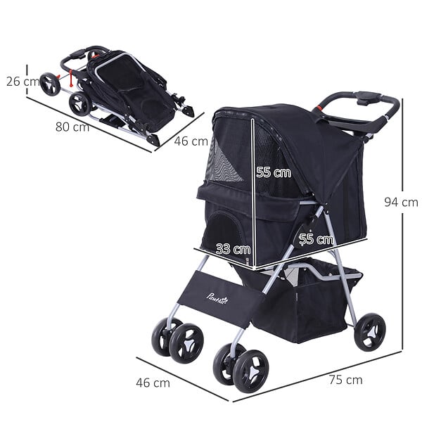 PAWHUT - Poussette buggy pour chiens 75L x 46l x 94H cm pliable imperméable tissu 600D Oxford 4 roues noir - large