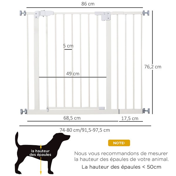 PAWHUT - Barrière de sécurité animaux - longueur réglable dim. 74-97,5 cm - porte double verrouillage, ouverture double sens -sans perçage - acier plastique blanc - large
