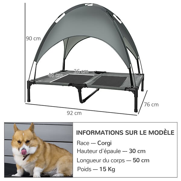 PAWHUT - Lit pour chien chat sur pieds lit de camp lit surélevé rafraîchissant velum anti-UV Oxford micro-perforé parasol et sac de transport inclus dim. 92L x 76l x 90H cm gris noir - large