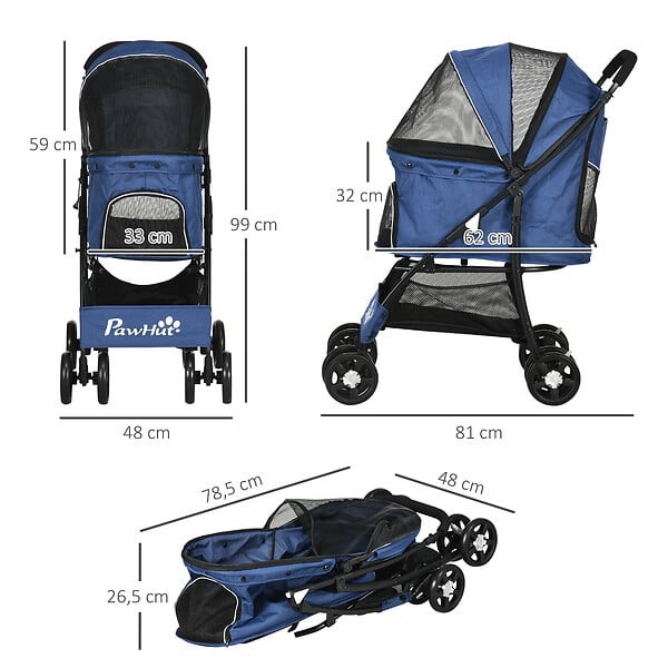 PAWHUT - Poussette pliable pour chien chat - 4 roues doubles, 2 freins, attache, coussin inclus - acier Oxford bleu - large