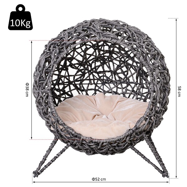 PAWHUT - PawHut Panier chat lit chat cosy grand confort dim. Ø 52 x 58H cm coussin moelleux beige inclus résine tressée imitation rotin gris - large