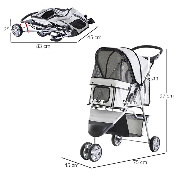 PAWHUT - Poussette buggy pliable animaux chariot pliant chien chat porte-gobelet panier de rangement inclus roues avec frein tissu 600D Oxford métal gris - large