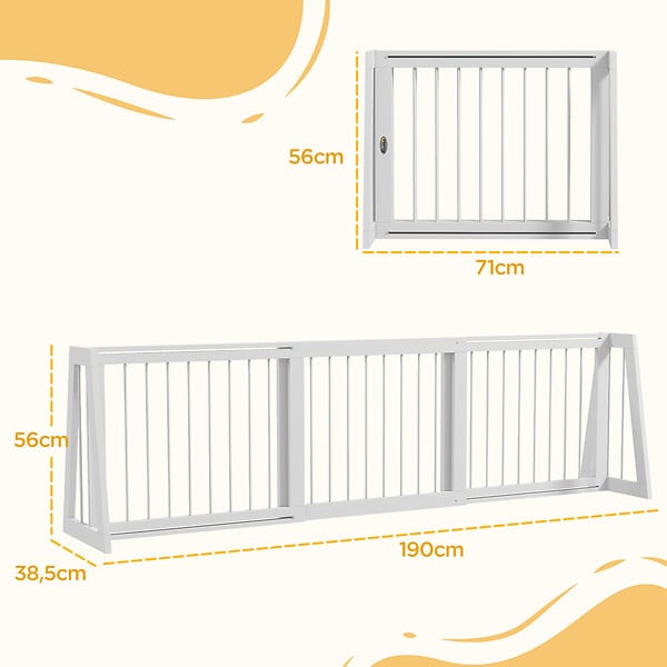 PAWHUT - Barrière de sécurité chien 3 panneaux rétractable autoportante dim. 71-190L x 38,5l x 56H cm bois blanc - large