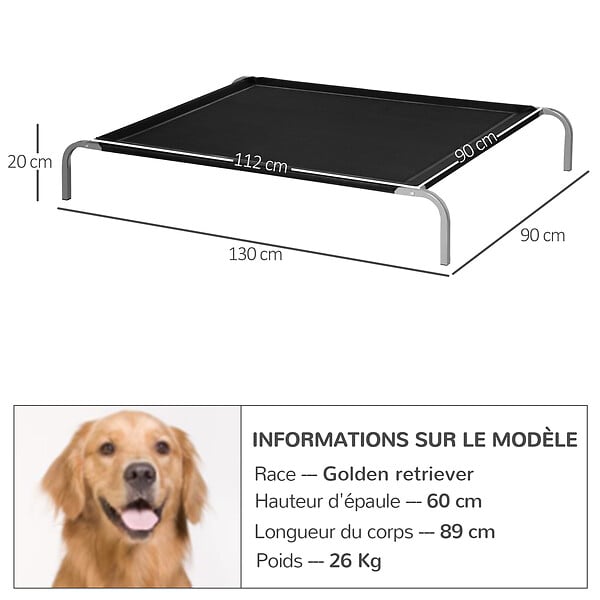 PAWHUT - Lit pour chien chat XXL grand confort sur pied dim. 130L x 90l x 20H cm métal époxy textilène micro-perforé noir - large