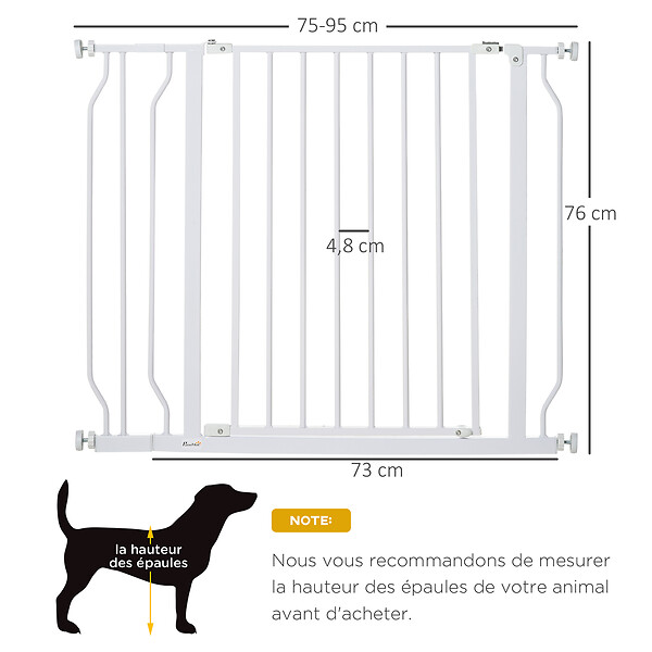 PAWHUT - Barrière de sécurité animaux - longueur réglable dim. 75-95 cm - porte double verrouillage, ouverture double sens -sans perçage - acier ABS blanc - large