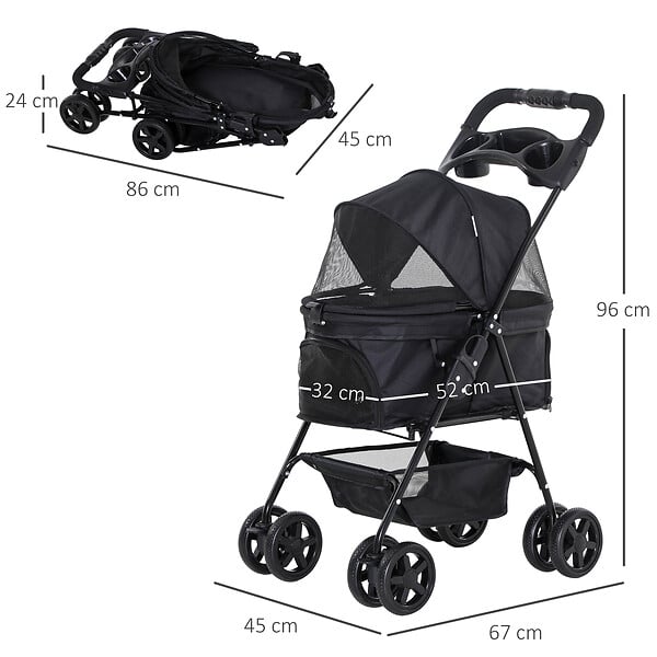 PAWHUT - Poussette buggy pliable chien chat panier rangement porte-gobelets tissu 300D Oxford imperméable 4 roues noir - large