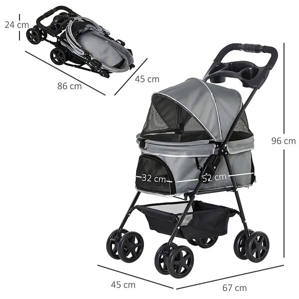 PAWHUT - Poussette buggy pliable chien chat panier rangement porte-gobelets tissu 300D Oxford imperméable 4 roues gris - large