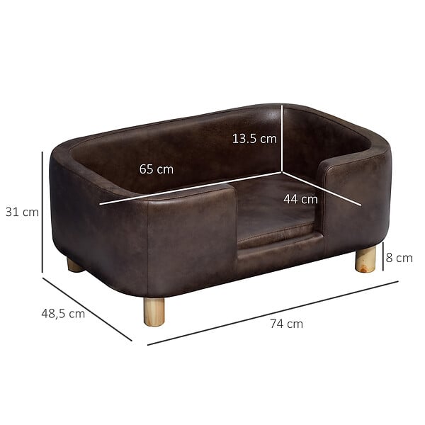 PAWHUT - Canapé chien lit pour chien chat avec rebord coussin moelleux pieds bois massif dim. 74 x 48,5 x 31 cm revêtement micro-fibre chocolat - large