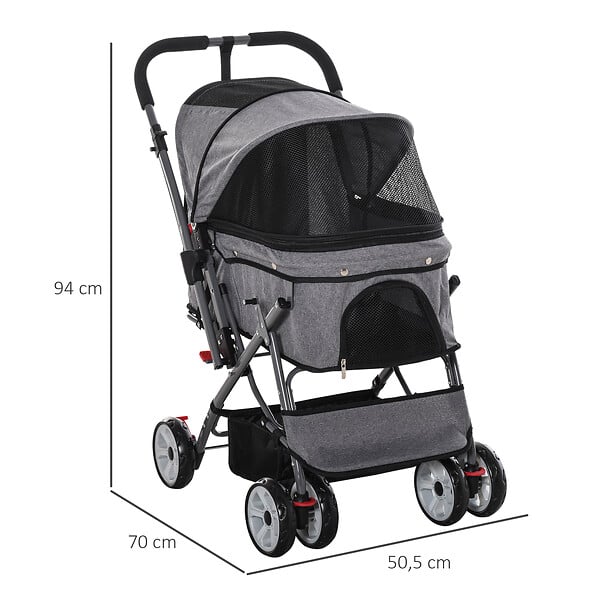 PAWHUT - Poussette buggy pliable chien chat panier et sac de rangement attaches sécurité housse réglable poignée réversible acier Oxford gris chiné noir - large