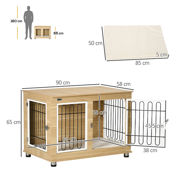 PAWHUT - Cage pour chien sur pied - 2 portes verrouillables, coussin déhoussable inclus - acier filaire noir panneaux aspect bois clair - large