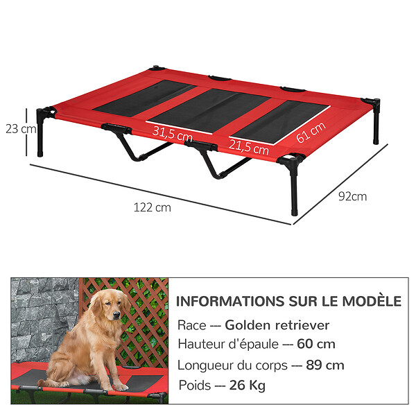 PAWHUT - Lit sur pieds XXL pour chien chat lit de camp animal lit surélevé Oxford textilène micro-perforé dim. 122L x 92l x 23H cm rouge - large