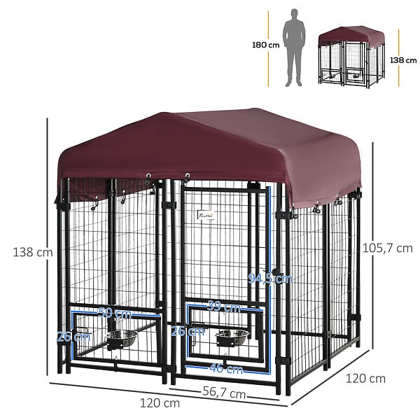 PAWHUT - Chenil extérieur pour chien - cage chien - enclos chien - toile toit imperméable anti-UV, porte verrouillable, 2 bols rotatifs - acier noir oxford pourpre - large