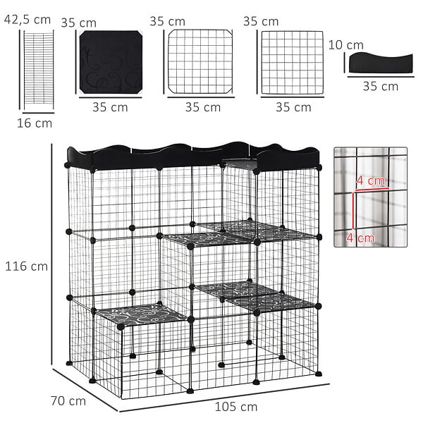 PAWHUT - Cage parc enclos chat modulable dim. L105 x l70 x H105 cm 3 niveaux 2 portes rampe plateformes PE motif graphique fil métallique noir - large