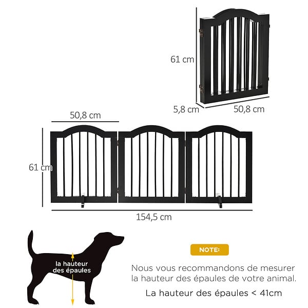 PAWHUT - Barrière de sécurité barrière modulable pliable pour animaux de compagnie - piètement support - dim. 154,5L x 61H cm - MDF bois noir - large