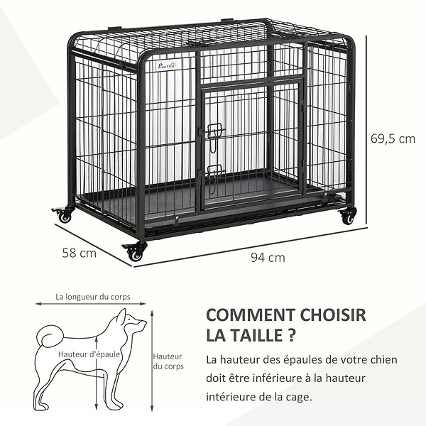 PAWHUT - Cage pour chien pliable cage de transport sur roulettes 2 portes verrouillables plateau amovible dim. 94L x 58l x 69H cm métal gris noir - large