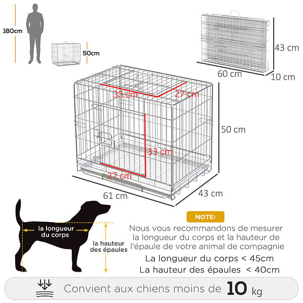 PAWHUT - Cage pour chien pliable - plateau excrément coulissant - 2 portes verrouillable, poignée - dim. 61L x 43l x 50H cm - fer galvanisé PP blanc - large