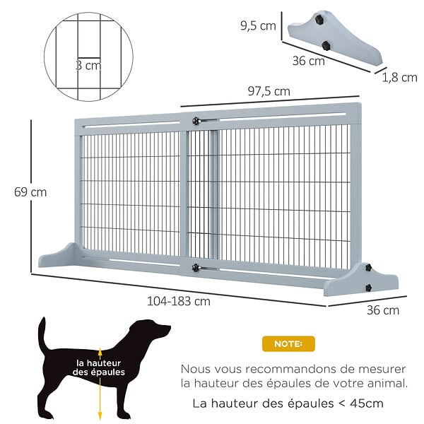 PAWHUT - Barrière de sécurité chien barrière autoportante longueur réglable dim. 104-183L x 36l x 69H cm bois pin gris acier noir - large