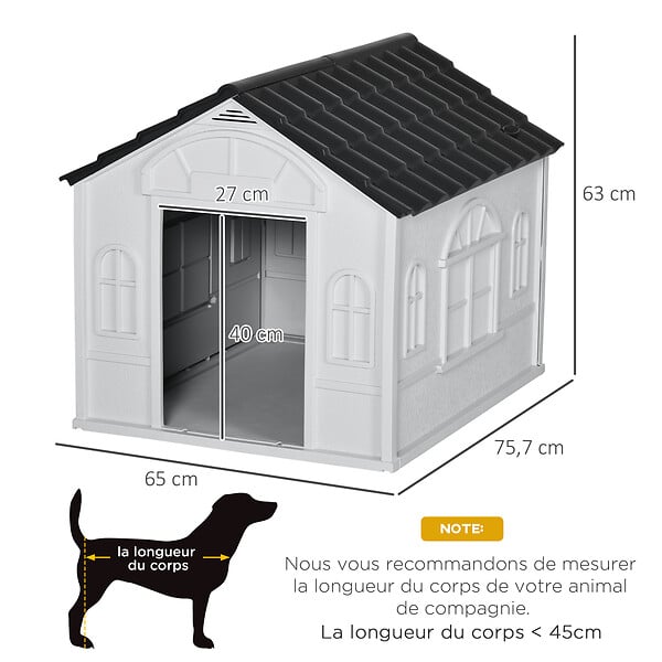 PAWHUT - Niche chien style cottage dim. 65L x 75l x 63H cm - motifs fenêtres, porte, aération - PP blanc gris - large