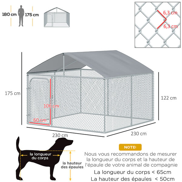 PAWHUT - Chenil extérieur avec toit pour chien 5 m² - parc grillagé 230 x 230 x 175 cm - espace couvert - acier galvanisé - large