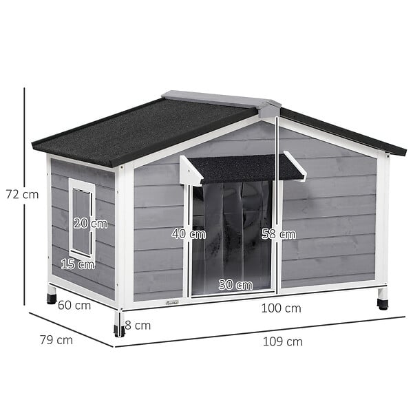 PAWHUT - Niche chien style cottage - 2 fenêtres, porte, toit ouvrant bitumé - bois sapin gris - large
