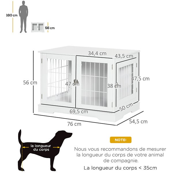 PAWHUT - Cage pour chien animaux table d'appoint 2 en 1 - 2 portes verrouillables - dim. 76L x 54,5l x 56H cm - MDF acier blanc - large