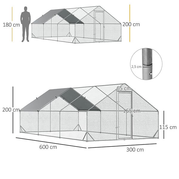 PAWHUT - Enclos poulailler chenil 18 m² - parc grillagé dim. 6L x 3l x 2H m - espace couvert - acier galvanisé - large
