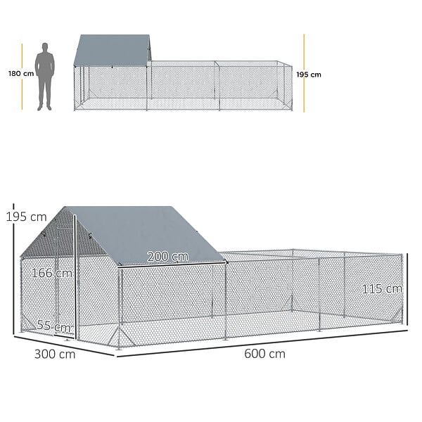 PAWHUT - Enclos poulailler chenil 18 m² - parc grillagé dim 6L x 3l x 1,95H m - espace couvert - acier galvanisé - large