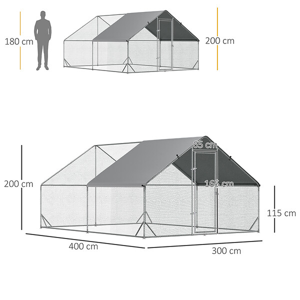 PAWHUT - Enclos poulailler chenil 12 m² - parc grillagé dim. 4L x 3l x 2H m - espace couvert - acier galvanisé - large