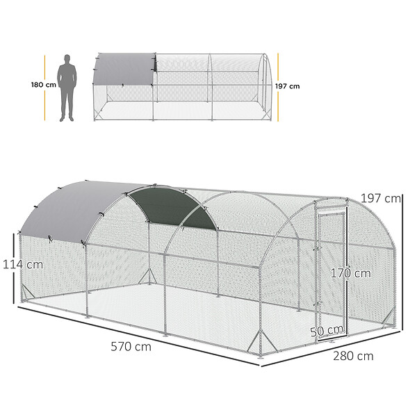 PAWHUT - Enclos poulailler chenil 15,96 m² - parc grillagé dim. 5,7L x 2,8l x 1,97H m - espace couvert - acier galvanisé - large