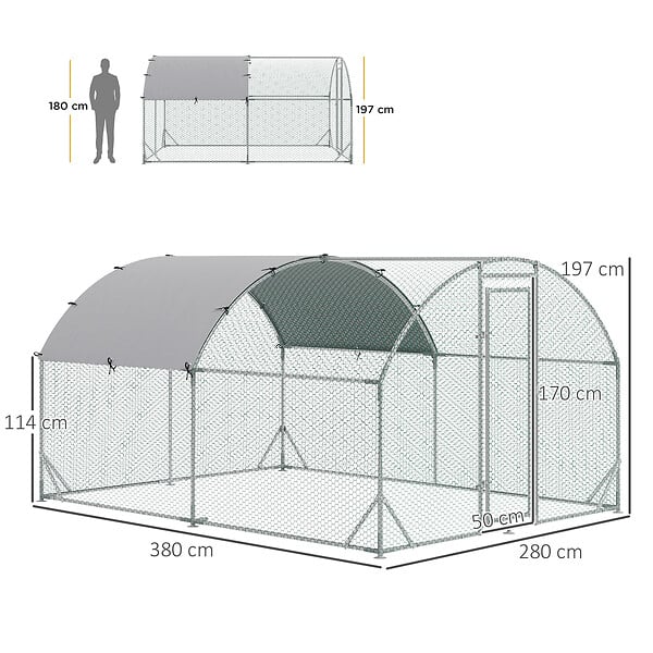 PAWHUT - Enclos poulailler chenil 10,64 m² - parc grillagé dim. 3,8L x 2,8l x 1,97H m - espace couvert - acier galvanisé - large