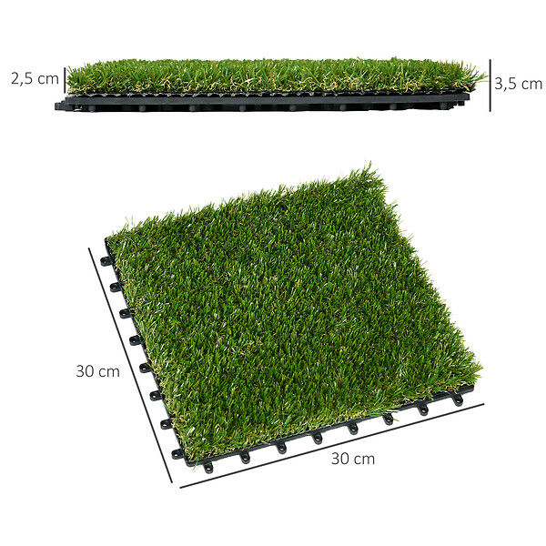 OUTSUNNY - Gazon synthétique artificiel set de 10 dalles carreaux 30 x 30 cm épaisseur confort 3,5 cm à emboîter vert - large