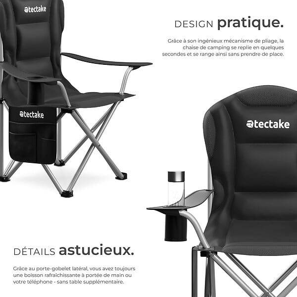 TECTAKE - Chaise de camping rembourrée pliable MTX noir - large