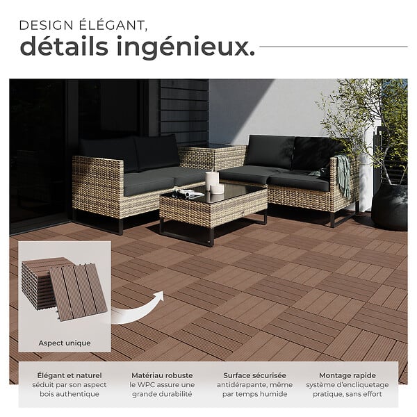TECTAKE - Lot de dalles de terrasse TEGULAS en WPC aspect bois marron - large