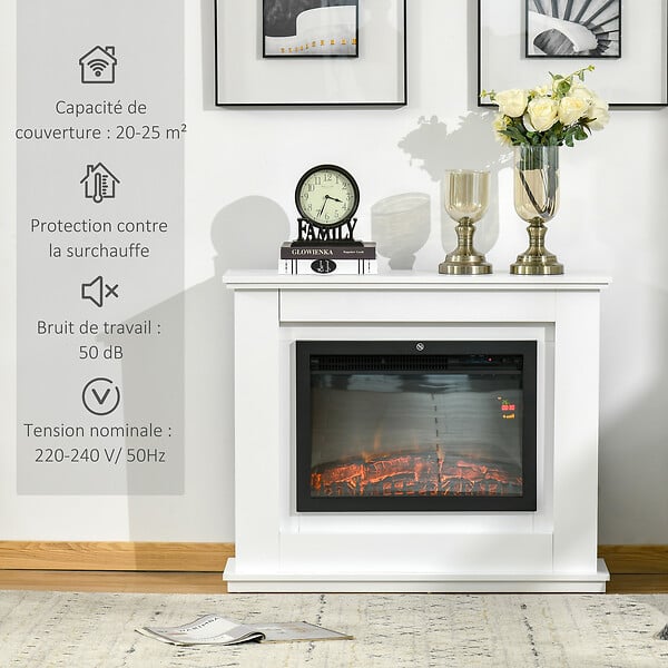HOMCOM - Cheminée électrique grande taille 2000 W  effet flammes LED minuterie température luminosité réglables télécommande fournie blanc - large