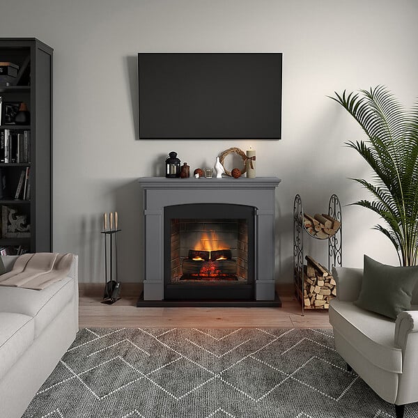 CENTRALE BRICO - Cheminée électrique connectée 1400W - HELMI Powerflame 2 - effets flammes 3D et crépitement - Gris - large