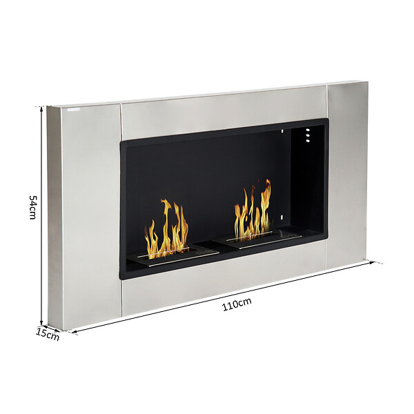 HOMCOM - Cheminée bioéthanol murale design Bauhaus 2 brûleurs 3 L couverture 25-30 m² acier inox brossé - large