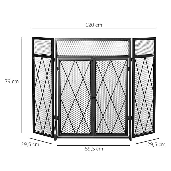 HOMCOM - Pare-feu large pour cheminée ou poêle - pare-étincelles - 3 volets pliables et portes - métal noir - large