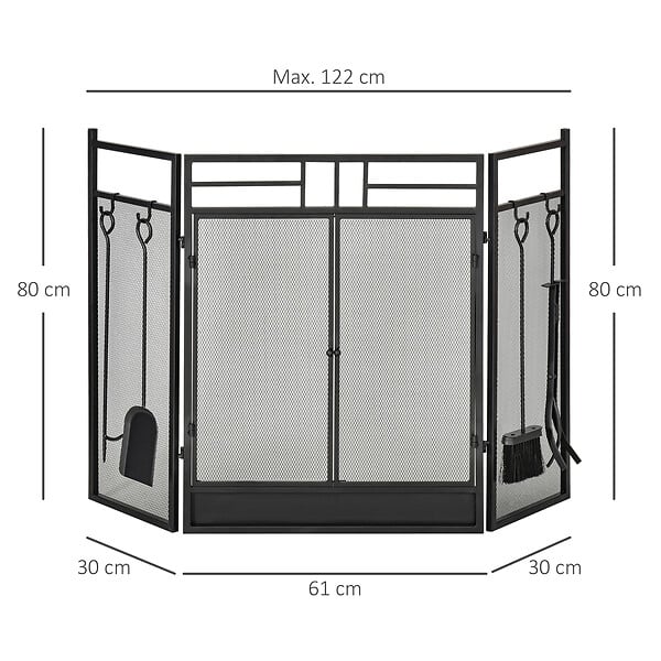 HOMCOM - Pare-feu large pour cheminée ou poêle - pare-étincelles serviteur de cheminée 2 en 1 avec accessoires - 3 volets pliables et porte - acier métal noir - large