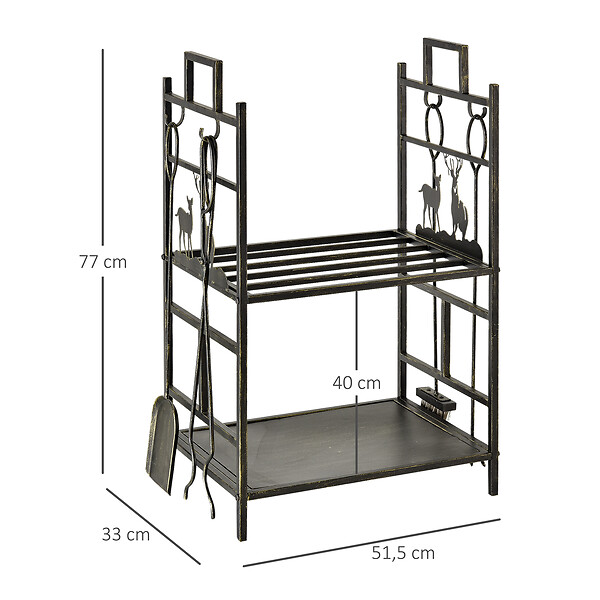 OUTSUNNY - Serviteur de cheminée cerf - porte bûches - range bûches multi accessoires 2 étagères 51L x 33l x 77H cm métal noir or vieilli - large
