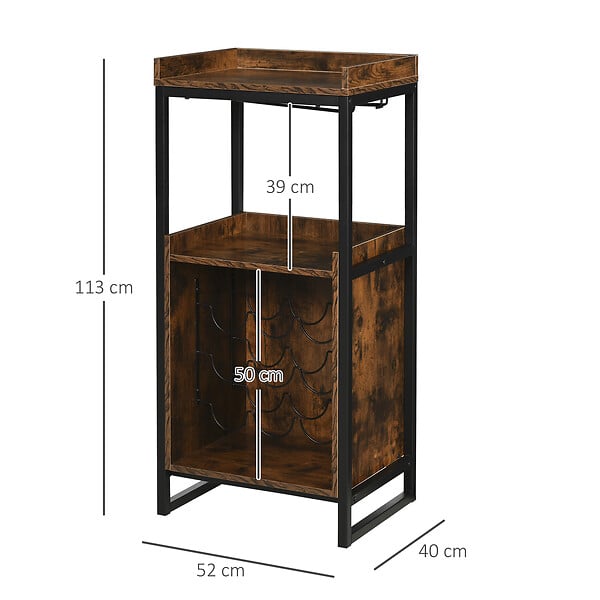 HOMCOM - Homcom Casier À Vin Design Industriel Étagère À Bouteilles 9 Bouteilles Support Verres À Vin Intégré Métal Noir Aspect Vieux Bois Veinage - large