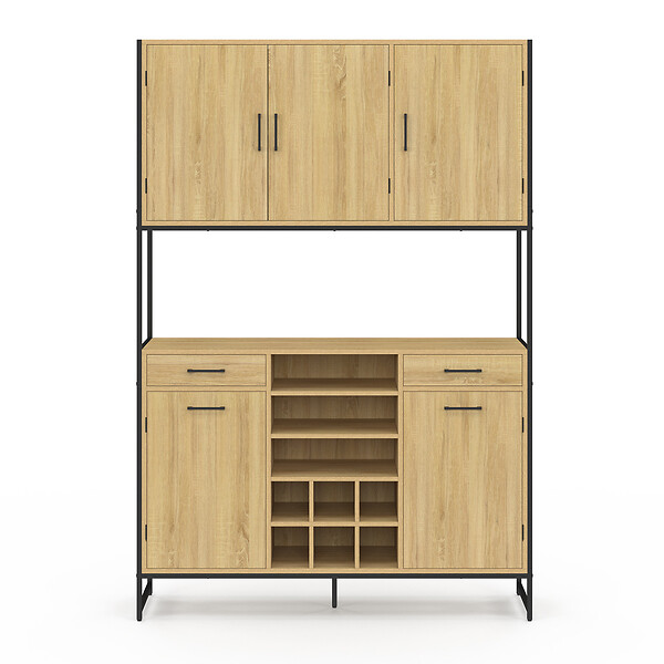 ID MARKET - Buffet de cuisine 120 CM DETROIT 5 portes + tiroirs + range-bouteilles design industriel - large