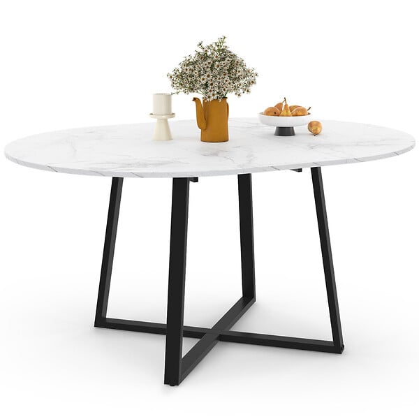 ID MARKET - Table à manger extensible ronde SELMA 4-8 personnes noir et plateau marbre blanc ALASKA 110-150 cm - large