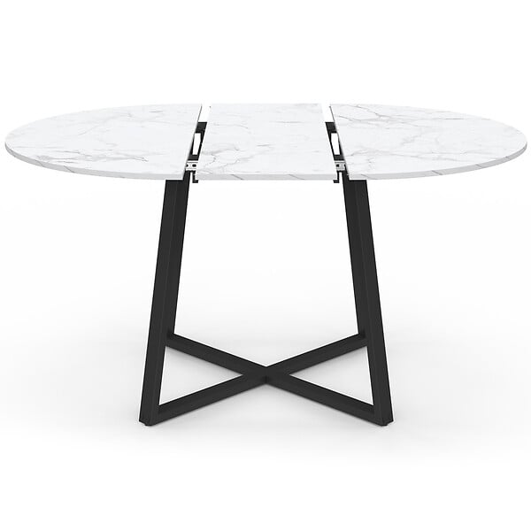 ID MARKET - Table à manger extensible ronde SELMA 4-8 personnes noir et plateau marbre blanc ALASKA 110-150 cm - large