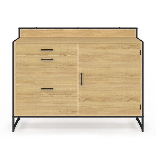 ID MARKET - Buffet bas casserolier de cuisine 120 cm DETROIT plan de travail H.83 cm 1 porte + 3 tiroirs design industriel - large