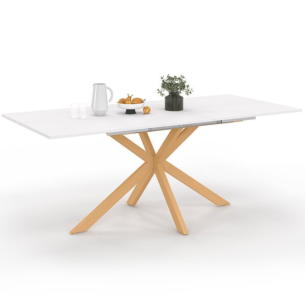 ID MARKET - Table à manger extensible rectangle ALIX 6-10 personnes pied araignée bois et plateau blanc GISELE 160-200 cm - large